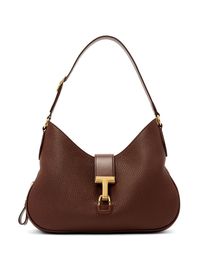 chocolate brown calf leather pebbled texture clasp fastening adjustable shoulder strap foldover top main compartment