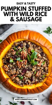 This Pumpkin Stuffed with Wild Rice and Sausage is a festive, delicious fall meal. Perfect for a Halloween dinner or autumn feast. Save this pin to impress your guests with a spooky yet savory dish!