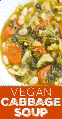 Vegetarian cabbage soup is super satisfying, high in fiber, low in calories, inexpensive to make, and loaded with vegetables! Vegan + Gluten-free. #CabbageSoup #VegetarianCabbageSoup #VeganCabbageSoup