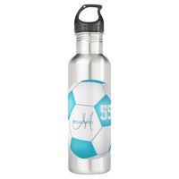 turquoise white soccer girl name jersey number stainless steel water bottle #looks #like #a #soccer #ball #stainlesssteelwaterbottle #soccer #girlssoccer #personalized #sports #giftideas #soccergifts