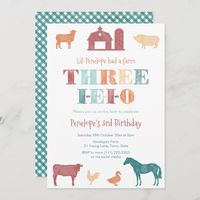 Old MacDonald had a farm! Three-IEIO! A gender neutral 3rd birthday party invitation perfect for a farm or petting zoo theme.