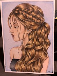 Finished background. Prismacolor pencils for skin and background. Derwent Procolour for hair. Ohuhu alcohol brush markers for dress top.