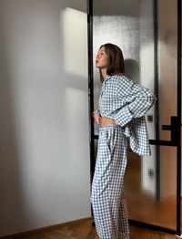 This minimalist pajama is made from 100% organic cotton. It is washed cotton fabric. Pyjama set is the best gift idea for yourself, your friend, your mom, and your sister. Get these pajamas for your bridal party, bachelorette party, girl's getaway, or birthday party to make the moment extra special!  You may choose the type of set: long sleeves, short sleeves, pants, or shorts. The bottoms have pockets. We suggest SIZING UP. Please refer to our size charts for more assistance in selecting your s