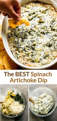 This EASY Spinach Artichoke Dip recipe is warm, cheesy, and DELICIOUS! It can be made up to 2 days ahead of time, and is a crowd pleaser! via @betrfromscratch