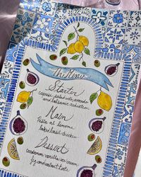 Take your event to the next level with a custom menu designed just for you!  After you give me your specifications, I will create a whimsical watercolor piece, aligned with your color scheme and chosen theme.  After purchase, please send me a message with the menu for your event as well as your preferred color scheme, theme, and any other details/motifs you would like me to include.  Pinterest boards are incredibly helpful, so feel free to make and share one with me so I can truly bring your ide