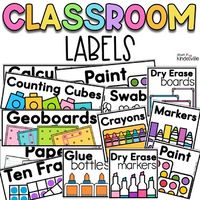 These classroom supply labels are perfect to brighten up your classroom! They include classroom and office supplies as well as some math manipulatives! There are 103 cards in total and they come in two sizes (6.25x2.25 inches and 3x3 inches).Supplies Included:MarkersCrayonsPencilsGlue BottlesGlue SticksScissorsDry Erase MarkersPlay DoughDabbersColored PencilsHighlightersErasers (the rectangular kind and pencil topper kind)Dry Erase Board ErasersDry Erase BoardsClipboardsStaplesStaplersTapeCalcul