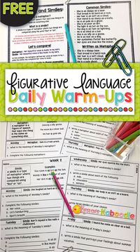 FREE! Are you teaching your students about figures of speech? Sample a year long figurative language warm-up with two weeks of material for similes and metaphors. The pages are no prep printables, easy to use, and designed to be a QUICK warm-up for your students!