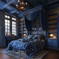 Elaborate and Ornate Ravenclaw Themed Fantasy Bedrooms - Hogwarts Inspired Interior Design - Rich Deep Blues and Gold Bedroom Decor