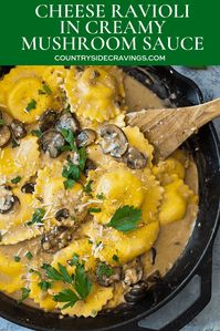 This Cheese Ravioli in Creamy Mushroom Sauce is made easy using store bought ravioli and made extra decadent with a simple garlic mushroom cream sauce! #cheeseravioli #easydinnerrecipes