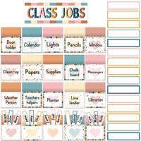 PRICES MAY VARY. What you will get: you will receive 81 pieces of boho style classroom jobs bulletin boards set, including 1pc class job card, 15pcs job division pocket and 5pcs of blank pocket, 60 name tags and 80 glue point dots; The quantity is enough to meet your classroom decoration and regular needs, bringing you a boho welcome style classroom bulletin board. Attractive boho welcome design: our class jobs charts are design in boho welcome style; They are colored, cute and filled with child