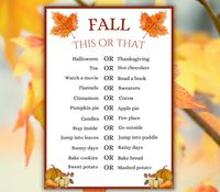 Fall This or That Game, Printable Autumn Party Game, Fall Time Activities for Adults & Kids, Fun Harvest Games, Halloween, Thanksgiving game mportant: 1. Colors may vary from printer to printer and monitor to monitor.  2. FOR PERSONAL USE ONLY. Commercial use is not allowed under any circumstances.  3. This is a digital listing. A confirmation email will be sent to the email address linked to your Etsy account. You can also download the files from under the purchases and reviews section in your Etsy account.