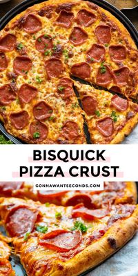 *NEW* This Bisquick pizza crust is crazy easy to make and only requires 2 ingredients (plus hot water!). Pizza night has never been so easy, economical, & yummy! #pizzacrust #bisquickrecipes