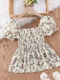 Apricot Boho Collar Short Sleeve Woven Fabric Floral,Plants,All Over Print Peplum Embellished Non-Stretch  Women Clothing