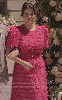 Mabel’s pink textured dress on Only Murders in the Building.  Outfit Details: https://wornontv.net/472403/