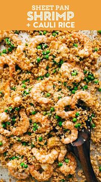 Sheet Pan Shrimp and Cauli Rice! This Sheet Pan Shrimp and Cauli Rice is the easiest sheet pan dinner! Shrimp, peas, cauliflower rice, seasonings, and rosso pesto sauce all come together on one pan for a delicious springy meal. #shrimp #cauliflowerrice #sheetpan