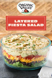 With six layers of delicious, high-quality ingredients, this layered fiesta salad is sure to stick out on the table. Head to organicvalley.coop to get the easy recipe for your next cookout, potluck, or game day. #burgersidedishes #summercookoutfood #sidedish #bbqsides #layeredsalad #makeahead #potlucksidedish #potluckideas #gamedayfood #organicvalley