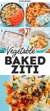 This vegetable packed vegetarian baked ziti recipe is the ultimate weeknight dinner. With sautéed veggies and spinach ricotta, it's a healthy comfort food you'll feel good about diving into. It makes six large portions and is great for making in advance, see notes below!