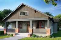 Features like shake siding and tapered columns define the Craftsman style of home, similar to this endearing house plan. The front porch spans the 38' width of the home.The living room greets you upon entering, and an oversized opening leads to the dining room. The kitchen is a few steps further, and boasts an L-shaped island and plenty of meal prep space.Enjoy the built-in entertainment center in the den that neighbors the kitchen, and the back porch is ideal for BBQs.The bedrooms occupy the le