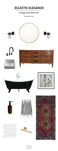 All the right items you need to create a vintage bathroom with black and white elements and a touch of eclectic style.