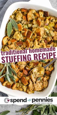 If you're looking for an easy homemade stuffing recipe that will get rave reviews, this is it. It's a classic stuffing, just like grandma used to make filled with herbs and onions. This is the perfect Thanksgiving stuffing recipe, great for turkey dinner or delicious to enjoy any day of the week! You won't believe how easy it is to make stuffing from scratch, this really is the best stuffing recipe.