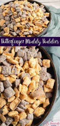 Butterfinger Muddy Buddies- peanut butter, chocolate, Butterfingers, Chex, and powdered sugar make this delightful, easy sweet treat.