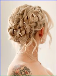 Gorgeous texture crown braid, with dutch braids and pearl diamante pins on blonde hair for a boho wedding and bride   #boho #bohoweddings #bohohair #crownbraid #dutchbraid #braidedhairstyle #texturedupdo #updo #weddinghairstylesupdo