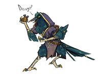 This is my current DnD character, a rogue Kenku named Grackle. She sells drugs, speaks in memes, and only sometimes steals things.