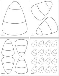 These free printable candy corn templates are perfect for DIY Halloween decorations and crafts! Take your pick from black and white candy corn coloring pages, colored candy corn templates, and kawaii candy corn printables. Each style is available in four sizes ranging from 10″ tall down to small candy corn templates just 2″ tall. Click through to download yours today!