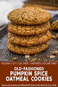 Delicious, wholesome, and healthy, this oil-free Old-Fashioned Pumpkin Spice Oatmeal Cookies recipe is made with simple plant-based ingredients. #wholefoodplantbased #vegan #oilfree #glutenfree #plantbased | monkeyandmekitchenadventures.com