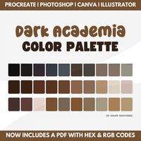 Explore the classic charm of the "Dark Academia Color Palette," a stylish collection of digital colors designed with a touch of vintage elegance. Perfect for anyone who loves old-fashioned vibes and the cozy feel of old books and libraries. Use these deep and rich colors to add depth and sophistication to your digital art. ✨ What's Included: PDF with hex codes and RGB list for seamless use across all digital platforms Procreate swatches file tailored for iPad users .ASE file compatible with Phot