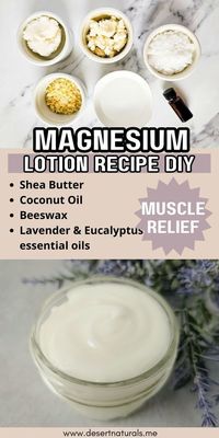 Magnesium Lotion Recipe DIY for sore muscles.  Learn how to make your own magnesium lotion with this simple DIY recipe. Magnesium lotion is a popular natural remedy known for its potential to alleviate sore muscles, muscle cramps, improve sleep quality, and boost overall relaxation and lower stress.  This homemade skincare  recipe is toxin free and uses shea butter, beeswax, and lavender and eucalyptus essential oils to boost effectiveness for sore muscles.