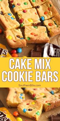 This recipe for my quick and easy Cake Mix Cookie Bars only calls for 6 ingredients and starts with a boxed cake mix. Fill them with chocolate chips, M&Ms, or any chopped chocolate candy. They're also perfect to use up leftover Halloween candy.