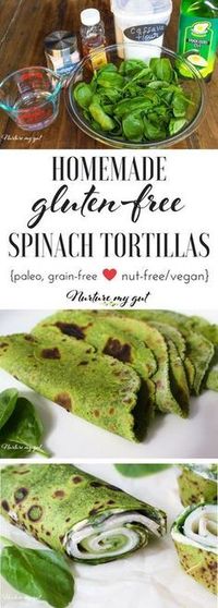 Homemade Gluten Free Spinach Tortillas made from fresh spinach leaves. These vibrant homemade gluten free spinach tortillas are perfect for making wraps, burritos and scooping up delicious stews! They are great for lunch box turkey roll-ups! Grain free, dairy free, grain free, paleo friendly and nut free.