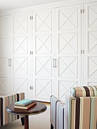 Plain floor to ceiling cabinets dressed up with slender molding in a repeating pattern. Love!