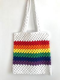 We firmly believe that just because Pride Month is over, we shouldn't stop celebrating the LGBTQ+ community, as well fighting for their rights. Therefore is this launch a project close to our hearts and is dedicated to the LGBTQ+ community. We decided to represent the pride flag in the form of Crochet Tote Bag so is can be your daily companion. This bag has a large capacity. This Tote Bag is ready to ship anywhere in the world! 💜Details: * These Pride Flag Tote Bag are made with 100%  cotton ya