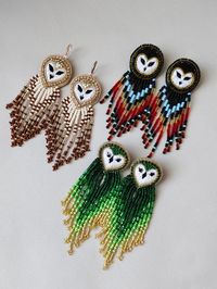 (2) Fringed beaded owl earrings : Beading