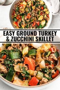 This quick ground turkey skillet is a healthy dinner made with zucchini, bell pepper, and spinach. You'll love this one pot meal for busy weeknights or meal prep!