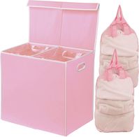 Simple Houseware Double Laundry Hamper with Lid and Removable Bags, Pink Hamper with Lid : Lid secludes from smelly clothes and also keeps your dirty laundry out of sight. Durable and Lightweight: Durable polypropylene material and lightweight. Easily to move whole hamper or using laundry bag for transport. Laundry bags included: Laundry bags attached on Hamper and removable for transport from hamper to wash machine. Fits in most closet space or bathroom and collapses for easy storage Dimension: 23"Lx13"Wx22.75"H Care Guide: Wipe with wet cloth. Removable lid, lid with magnets easy open and close. 2 Laundry bags are included Cutout side handles for easy transport. Keep laundry tidy and organize. Perfect for bathroom, closet and laundry room. Shipping We offer FREE shipping on all orders! W