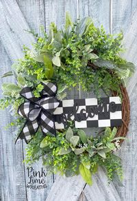 Rustic Lambs Ear and Eucalyptus Wreath with Welcome Sign. #pinklimewreaths #rusticfarmhousewreath #farmhousedecor #everydaywreath #frontdoorwreath #yearroundwreath #welcomesignwreath #mothersdaywreath #eucalyptuswreath #lambsearwreath