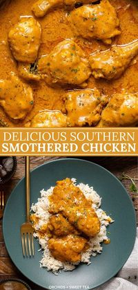 Get set to dive into a Southern classic with our Delicious Southern Smothered Chicken recipe! This dish is pure Southern comfort, featuring succulent chicken bathed in a rich, flavorful gravy. It's the kind of meal that brings everyone to the table with smiles + empty plates. Gluten-free Option. | how to make smothered chicken | homemade smothered chicken | homemade gravy for smothered chicken | smothered chicken dinner recipes | smothered chicken with gravy | best smothered chicken recipe