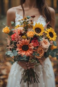 Add a burst of sunshine to your wedding with a sunflower and roses bouquet. These floral arrangements blend rustic charm with classic elegance, creating an aesthetic that's both vibrant and timeless. Capture the warmth of love on your special day.