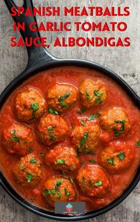 Spanish Meatballs in Garlic Tomato Sauce, Albondigas is a lovely easy dish typically served as Tapas in bars. Great for party food, main meals and appetizers!