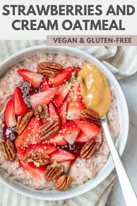 This summery bowl of strawberries and cream oatmeal is easy to make and sweetened with the help of strawberry jam. Perfect for meal prep and the perfect balance of sweet.