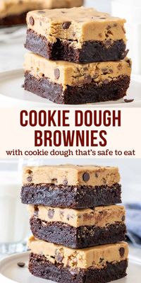 With a fudgy brownie base and a thick layer of edible chocolate chip cookie dough on top - these cookie dough brownies are truly decadent. The cookie dough layer tastes exactly like the real thing, only it's completely safe to eat because there's no raw eggs. They're perfect dessert for when you can't decide between brownies or cookies! #cookiedough #brownies #chocolatechip #recipe #easy #safetoeat #edible #cookiedoughbrownies from Just So Tasty