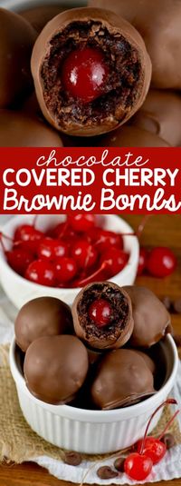 These Chocolate Covered Cherry Brownie Bombs are delicious bites of brownie surrounding cherries and then dipped in chocolate!