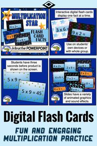 This multiplication facts digital game is a fun practice using PowerPoint flashcards. Students have only 3 seconds to give the product of the math fact presented on the screen. This interactive PowerPoint has animated graphics and sound effects will engage students and also force them to concentrate without getting distracted, and the quick pace is a fun challenge. This is a digital resource that individual students can use on their own devices or can be projected onto a SmartBoard or whiteboard