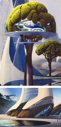 Official concept illustrations showing the integration of giant trees and buildings in the movie Tomorrowland. Unknown concept illustrator, but probably Jonathan Bach.