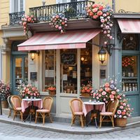 Step into a little piece of Paris with this charming, flower-adorned café! Featuring a vintage-inspired exterior with a striped pink and white awning, this café exudes elegance and warmth.