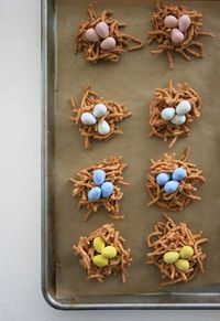 just add Cadbury mini eggs to haystacks and you have mini bird nests! can use… More