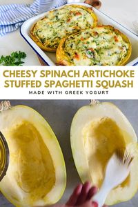 Here’s an easy-cheesy way to serve up veggies this fall: Our Cheesy Spinach Artichoke Stuffed Spaghetti Squash brings all the flavor of everyone’s favorite appetizer—cooked right in the squash! Nutty and herby unite in a Greek yogurt base enriched by melty Parmesan and mozzarella cheeses.